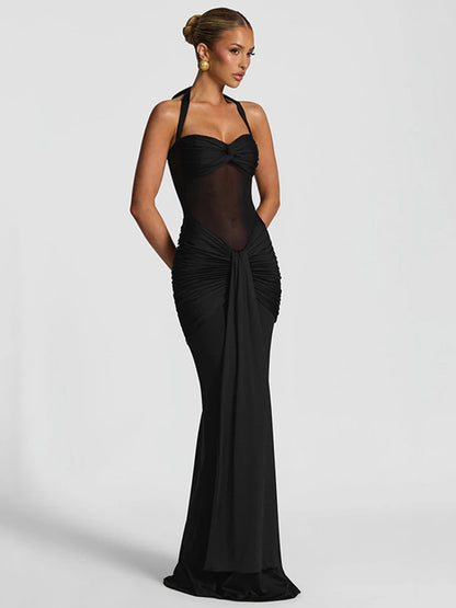 Elegant Women's Patchwork Maxi Dress with Sheer Ribbons, Halter Neck, Backless Bodycon Design