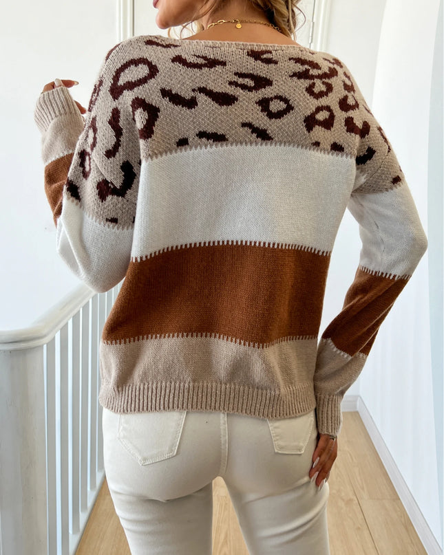Leopard Print Long Sleeve Knitted Sweater for Women