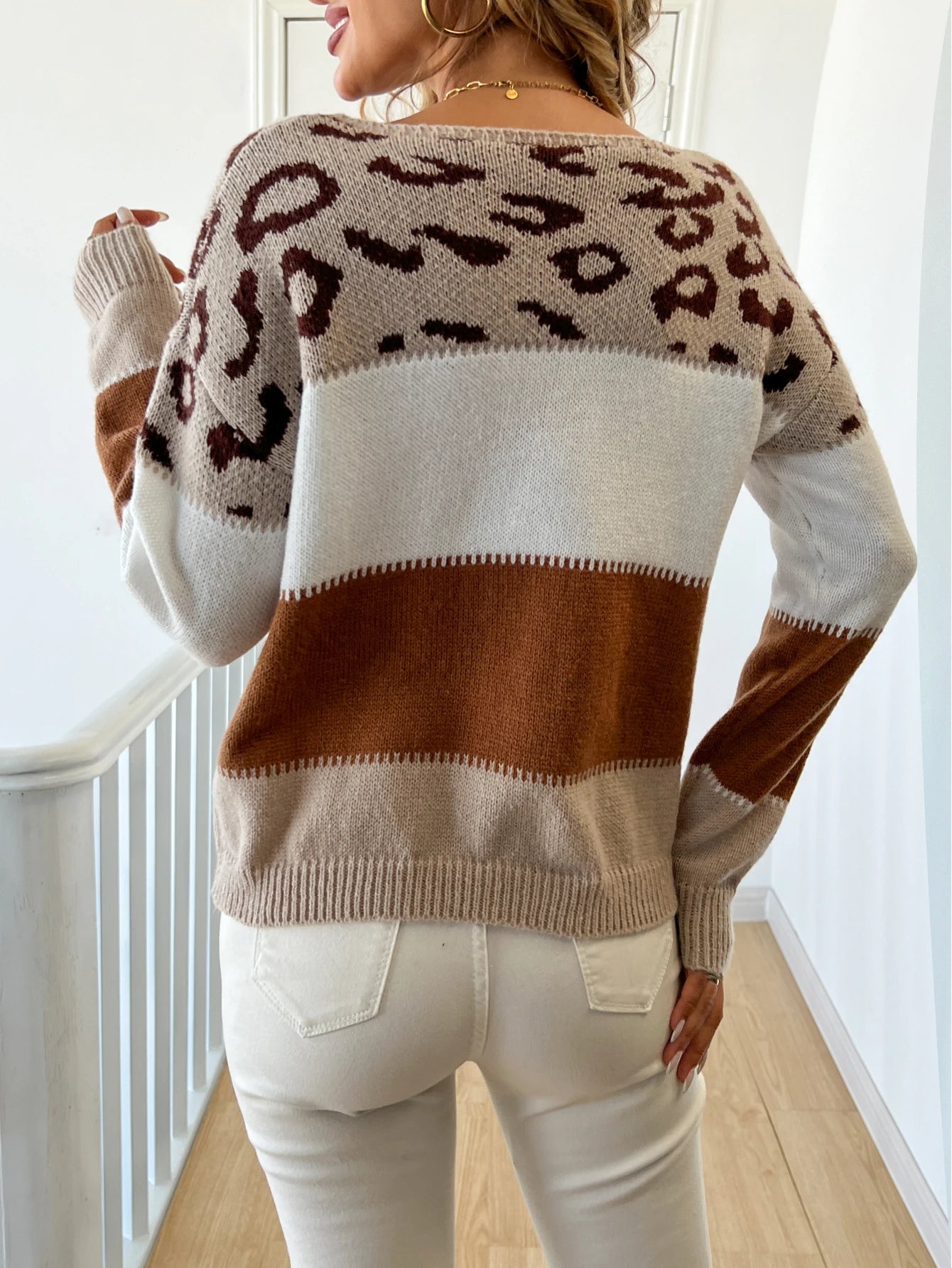 Leopard Print Long Sleeve Knitted Sweater for Women