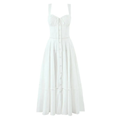 Elegant White Cotton Sling Dress for Women with Lace-Up Bandage Back