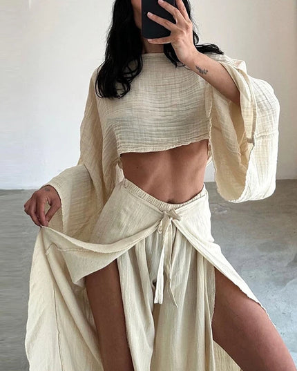 Women's Cotton Linen 2-Piece Long Sleeve Crop Top & Lace-Up Ruffle Pants Set