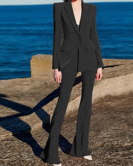 Women's Two-Piece Blazer and Flare Pants Set with Single Button Detail
