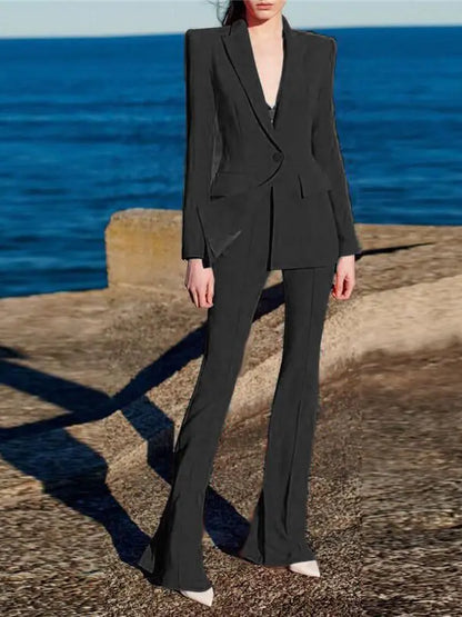 Women's Two-Piece Blazer and Flare Pants Set with Single Button Detail