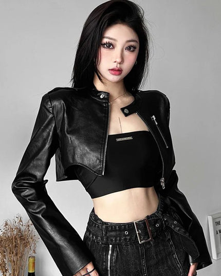Women's PU Leather Cropped Slim Fit Zipper Jacket