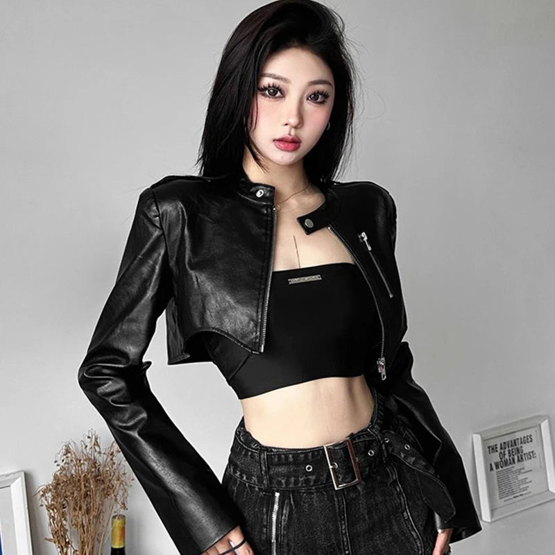 Women's PU Leather Cropped Slim Fit Zipper Jacket