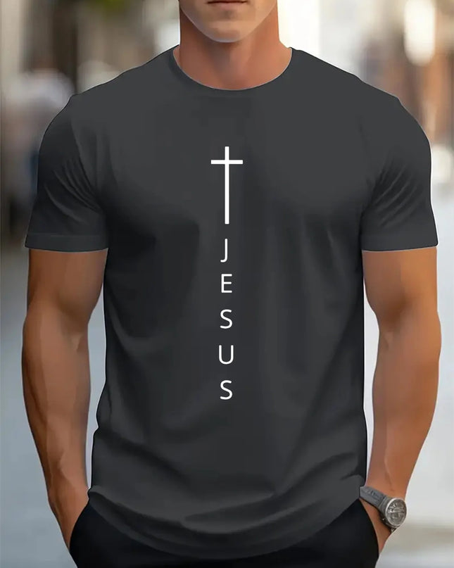 Men's 100% Cotton Casual T-Shirt with Large Cross and Jesus Letter Print