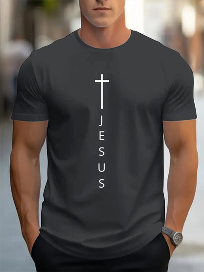 Men's 100% Cotton Casual T-Shirt with Large Cross and Jesus Letter Print
