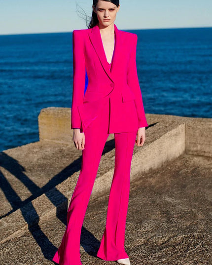 Women's Two-Piece Blazer and Flare Pants Set with Single Button Detail