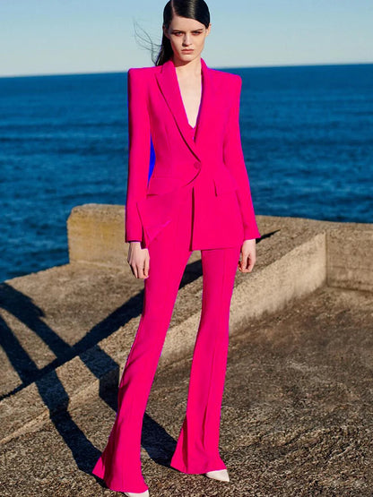 Women's Two-Piece Blazer and Flare Pants Set with Single Button Detail