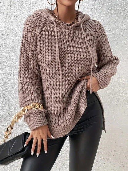 Women's Hooded Sweater with Raglan Sleeves and Split Hem Design