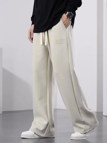 Men's Cotton Wide Leg Sweatpants with Drawstring & Letter Print – Comfortable Straight Fit Joggers
