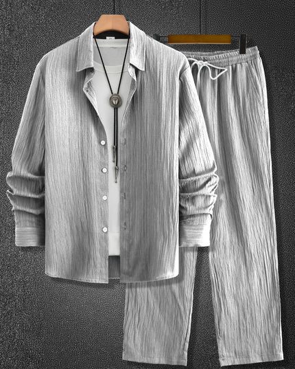Men’s Casual Crinkle-Textured Two-Piece Set with Loose-Fit Shirt and Straight-Leg Pants