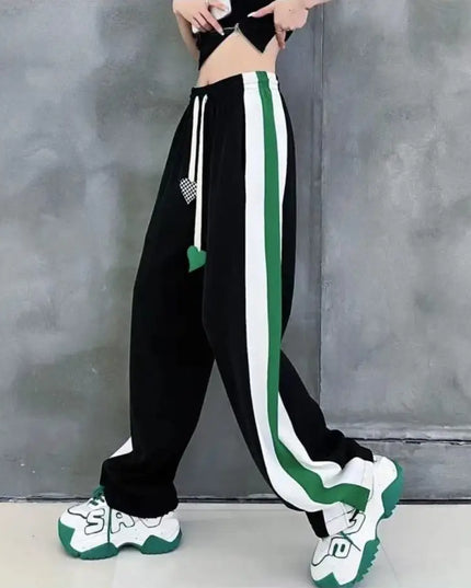 Women’s High Waist Elastic Sweatpants with Drawstring & Striped Design