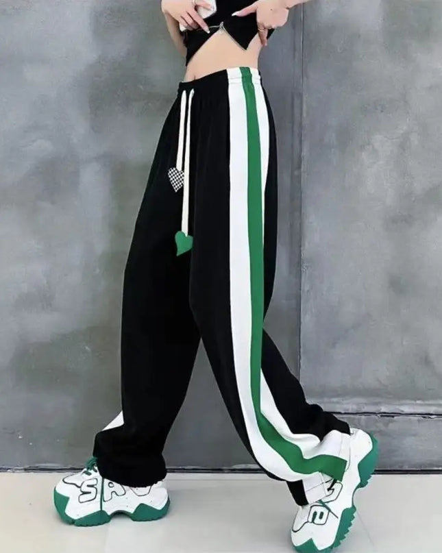 Women’s High Waist Elastic Sweatpants with Drawstring & Striped Design