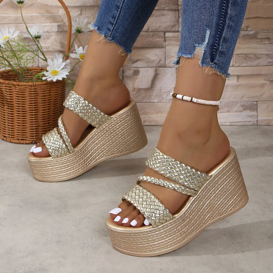 Women's Gold Wedge Sandals - Stylish Heels for Comfort and Elegance