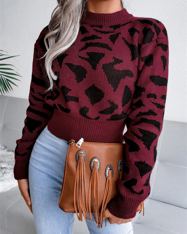 Women's Long Sleeve Knitted Sweater with Leopard Print