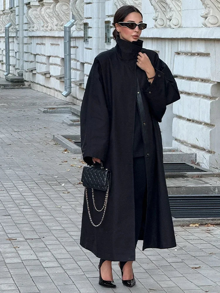 Women's Chic Long Sleeve Trench Coat with Stand Collar and Loose Fit