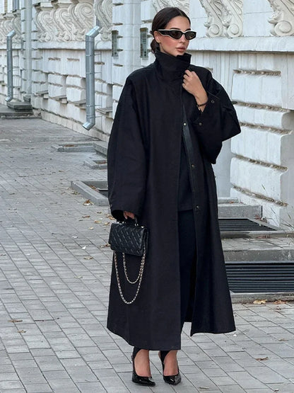 Women's Chic Long Sleeve Trench Coat with Stand Collar and Loose Fit
