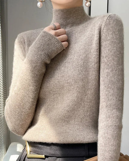 Ribbed Neck Sweater for Women - Fitted Knitted Pullovers