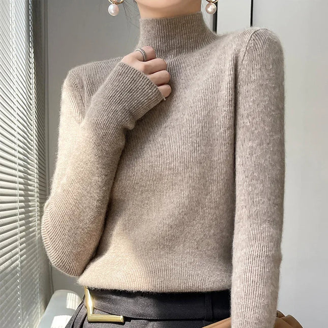 Ribbed Neck Sweater for Women - Fitted Knitted Pullovers