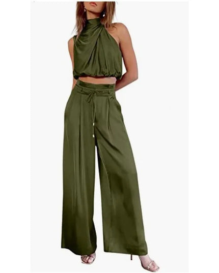 Womens Two-Piece Silk Pleated Outfit-Leg Pants and Open Navel Design