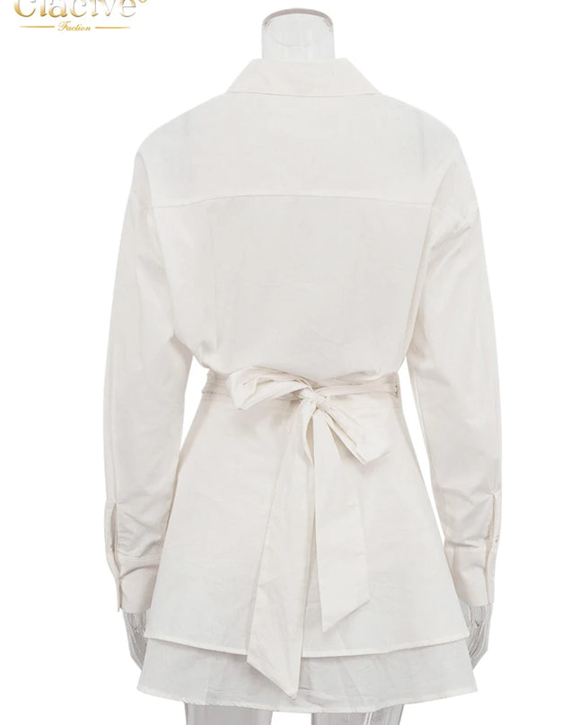 Women's Casual Loose Two-Piece Set with Long Sleeve Shirt and High-Waist Mini Skirt