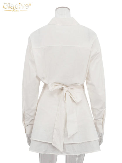 Women's Casual Loose Two-Piece Set with Long Sleeve Shirt and High-Waist Mini Skirt