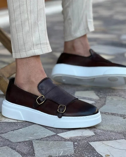 Men's Faux Leather Slip-On Shoes with Double Buckle