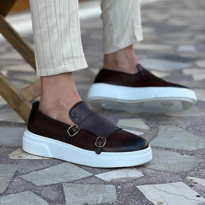 Men's Faux Leather Slip-On Shoes with Double Buckle