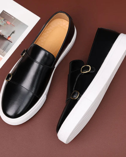 Men's Faux Leather Slip-On Shoes with Double Buckle