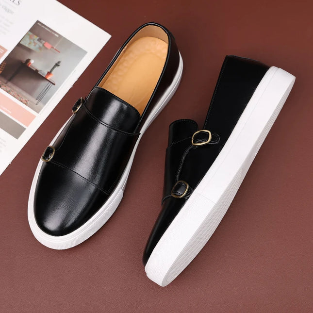 Men's Faux Leather Slip-On Shoes with Double Buckle