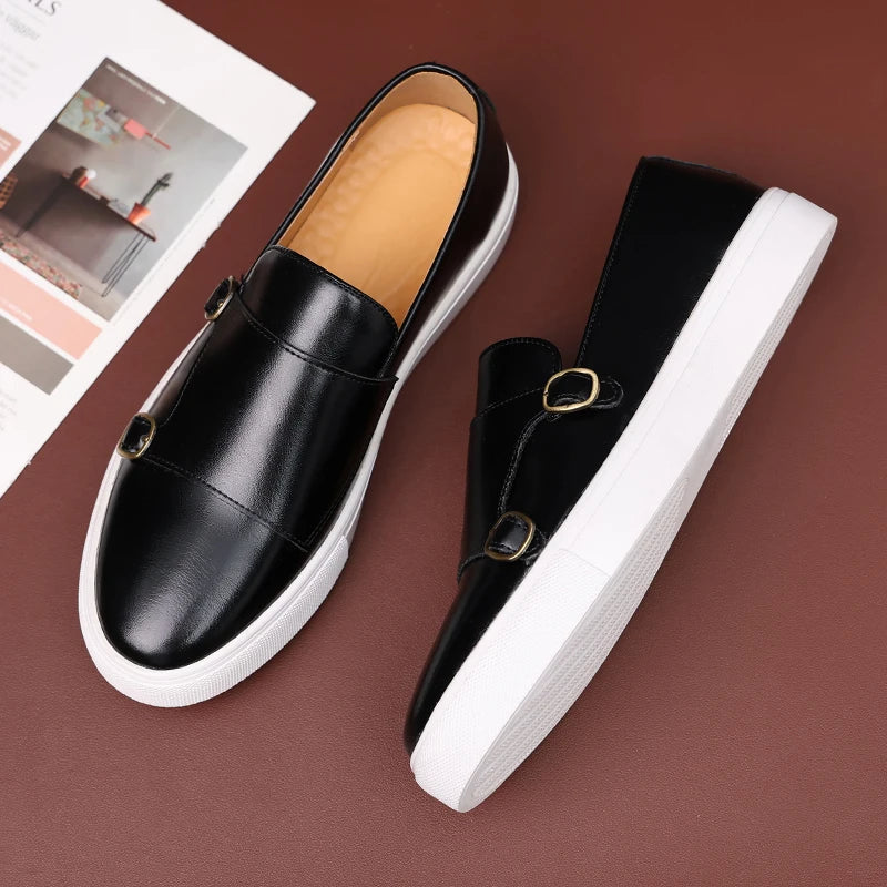 Men's Faux Leather Slip-On Shoes with Double Buckle