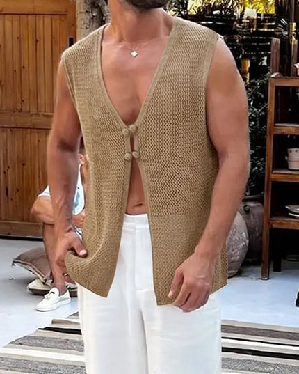 Men's Summer Tank Top with Solid Design, Hollow Out, See-Through Style, and Button Detail