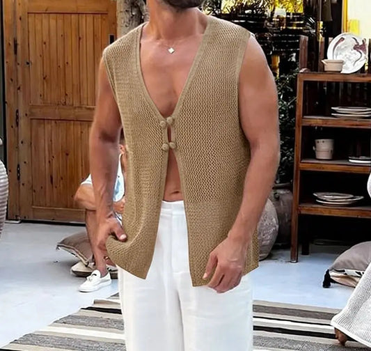 Men's Summer Tank Top with Solid Design, Hollow Out, See-Through Style, and Button Detail