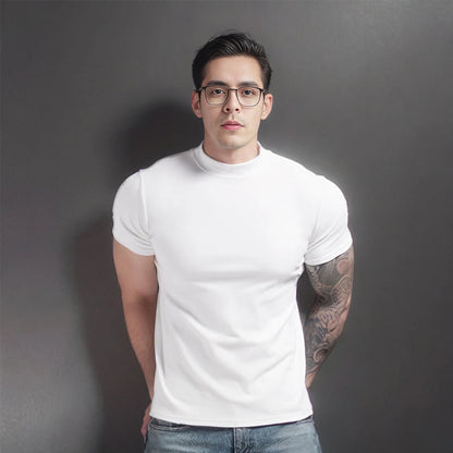 Men's Short Sleeve T-Shirt with Half High Collar – Slim Fit Casual Top for Men