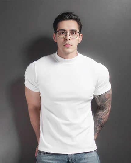 Men's Short Sleeve T-Shirt with Half High Collar – Slim Fit Casual Top for Men