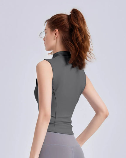 Women's Sleeveless Sports Vest with Thumb Hole Design and Zip-Up Closure