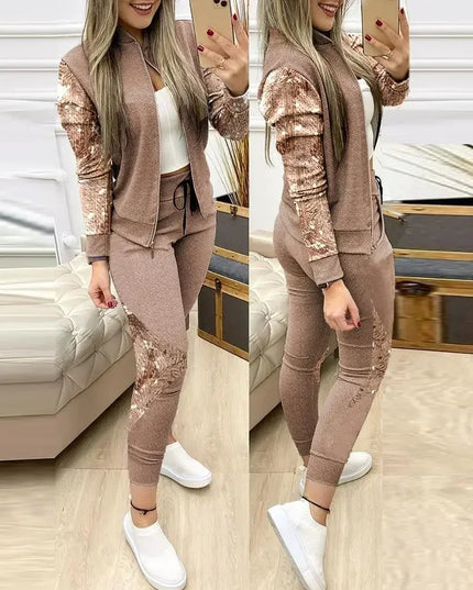 Women's Two-Piece Sequin Zipper Jacket and Sweatpants Set