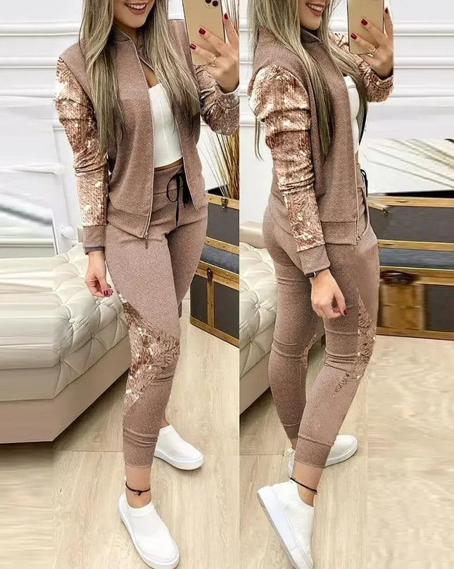 Women's Two-Piece Sequin Zipper Jacket and Sweatpants Set