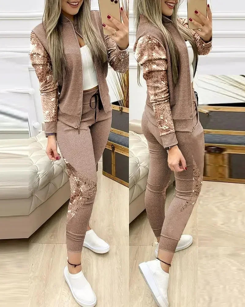 Women's Two-Piece Sequin Zipper Jacket and Sweatpants Set