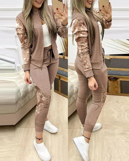 Women's Two-Piece Sequin Zipper Jacket and Sweatpants Set