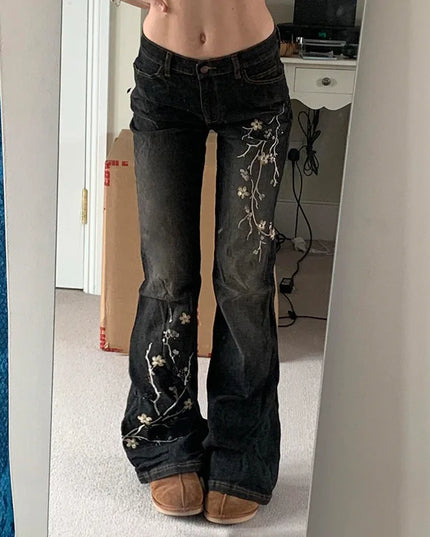 Women's Floral Embroidered Flared Jeans with Low Rise