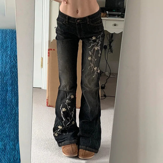 Women's Floral Embroidered Flared Jeans with Low Rise