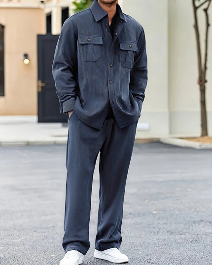 Men’s 2-Piece Corduroy Set with Lapel Shirt and Drawstring Pants