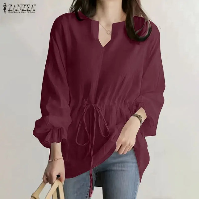 Zanzea Women's Long Sleeve Blouse with U-Neck, Drawstring Waist