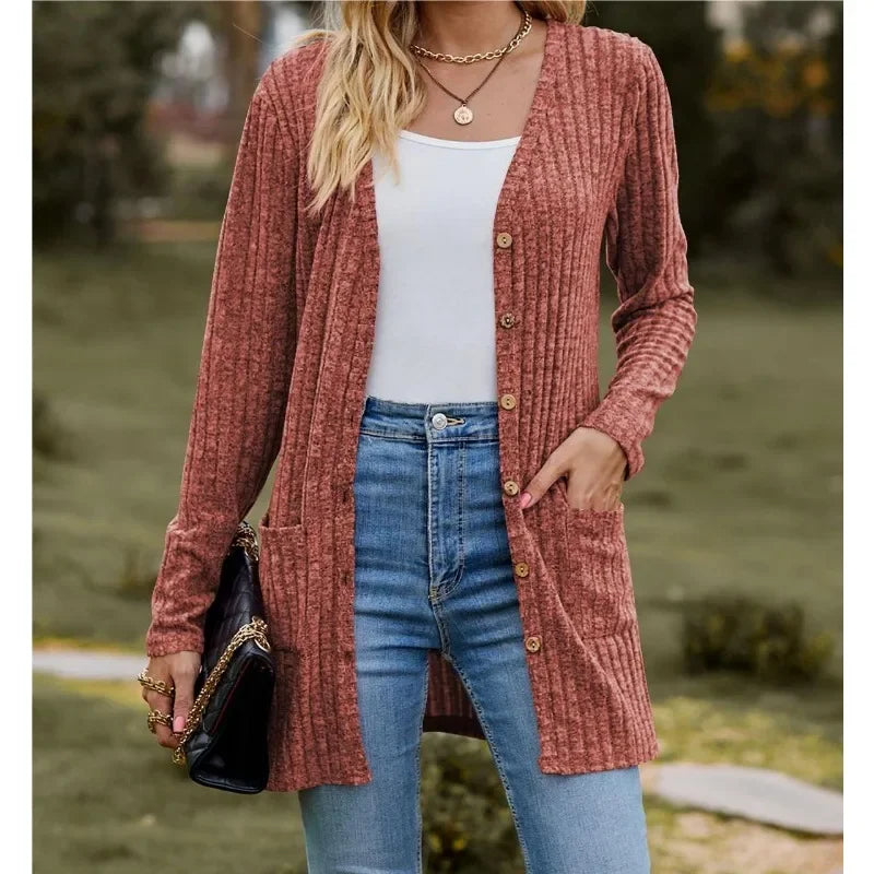 Women's Milled Pit Stripe Button-Front Long Sleeve Cardigan