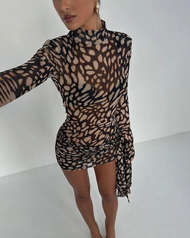 Women’s Sheer Leopard Print Turtleneck Mini Dress with Long Sleeves