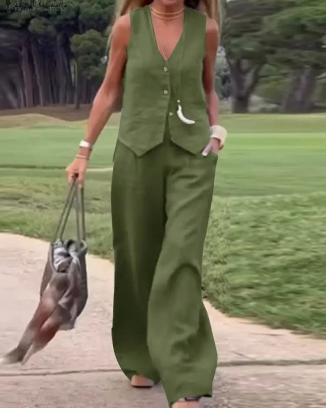 Womens Two Piece Sleeveless Vest Shirt and Trousers - Matching Set