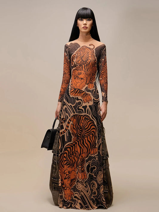 Transparent Women's Tiger Print High Neck Dress with High Slits