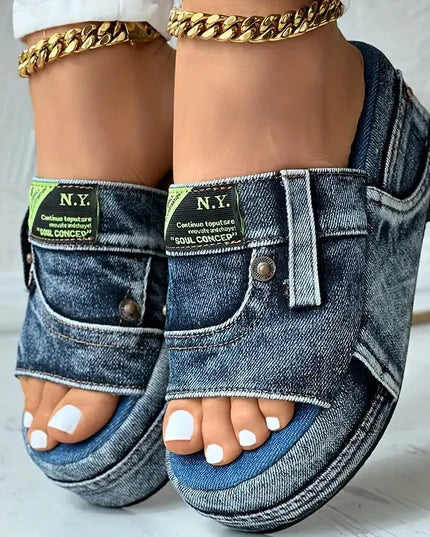 Denim Platform Women's Slip-On Slippers